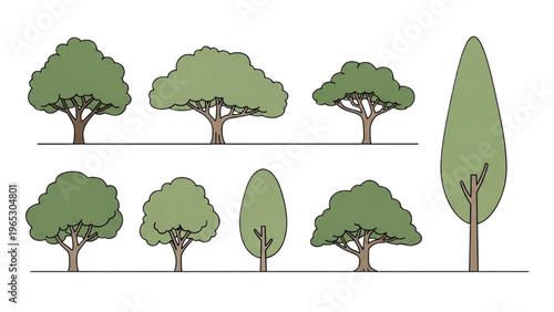 Various trees in vector CAD design style on landscape