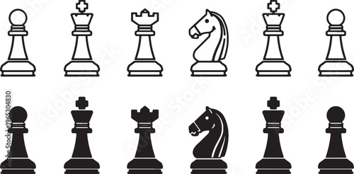 Chess pieces, black and white icons, vector set, 10 chess symbols