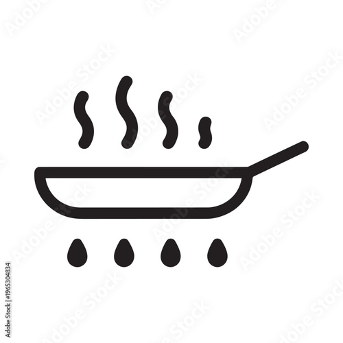 A simple black outline of a frying pan with steam and droplets