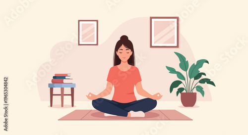Vector illustration of a young woman with dark hair in a bun practicing meditation and mindfulness while sitting in a cross-legged pose on a yoga mat in a minimalist home interior.
