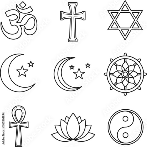 A collection of various religious and spiritual symbols illustrated in a clean linear style.