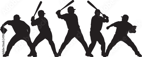 Baseball players, black silhouettes, sports icons, athletic poses, baseball bats