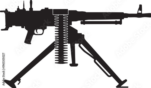 Machine gun, assault rifle, black silhouette, vector illustration, military weapon