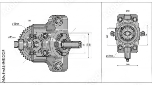 Detailed vector CAD design style drawings of mechanical gear components