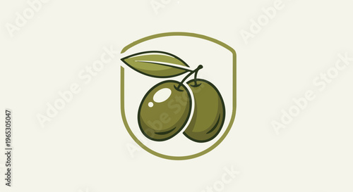 Stylized emblem with two green olives and a leaf on a light background