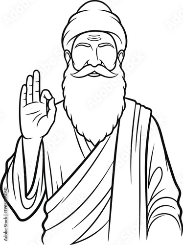 A black and white line art illustration of guru nanak dev ji showing a gesture of blessing pose