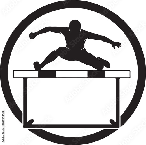 Athletic hurdle jump, sports icon, black silhouette, athleticism symbol, hurdle racing