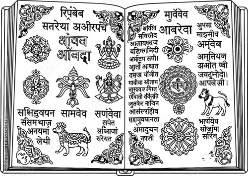 An illustrated ancient book featuring intricate sanskrit text and mythical symbolic drawings