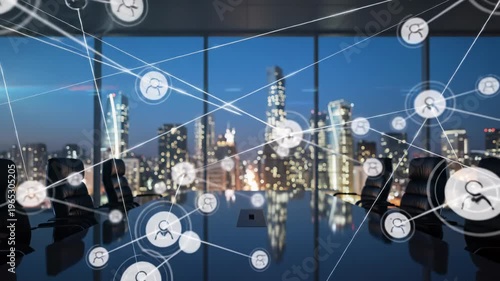 Dynamic video of glowing user network, ethereal blue-white lines expanding sharply in foreground. Blurred corporate conference room, city skyline at twilight. Concept of global digital connectivity