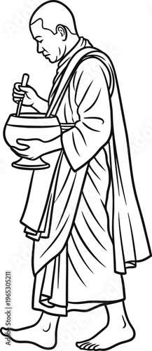 A black and white line drawing of a buddhist monk walking barefoot while holding an alms bowl