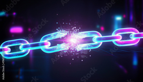 A vibrant digital rendering depicts a chain breaking apart into glowing particles symbolizing disruption and technological advancement high quality professional detailed modern elegant
