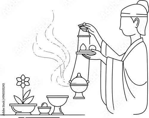 A line art drawing showing an ancient person offering incense during a traditional ceremony ritual