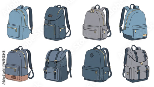 vector CAD design style backpacks in various colors and patterns