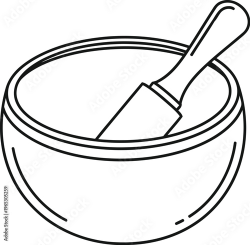 A simple black and white line art illustration of a traditional mortar and pestle kitchen tool
