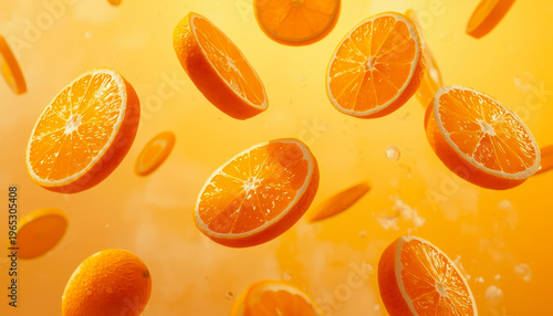 Orange slices are dynamically hanging in the air.