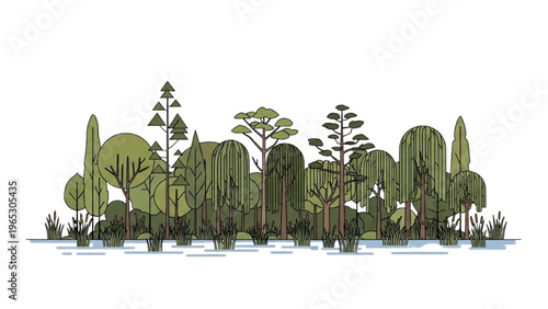 Vector CAD design style illustration of lush swamp trees and foliage