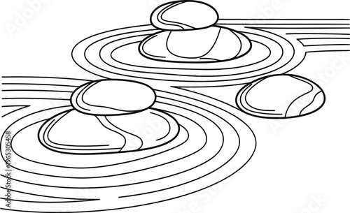 A serene zen garden illustration featuring smooth stacked stones and raked sand line patterns