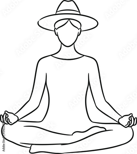 A minimalist black and white line art illustration of a person practicing yoga in a fedora hat.