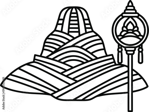 A black and white line art illustration representing a traditional monk hat and a ceremonial staff
