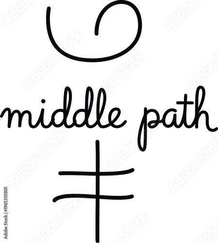 A minimalist black and white line art illustration featuring the phrase middle path with symbols