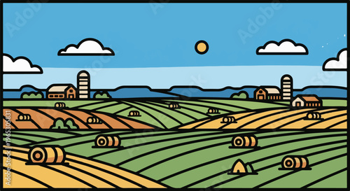 Stylized farm landscape with rolling fields, hay bales, and buildings