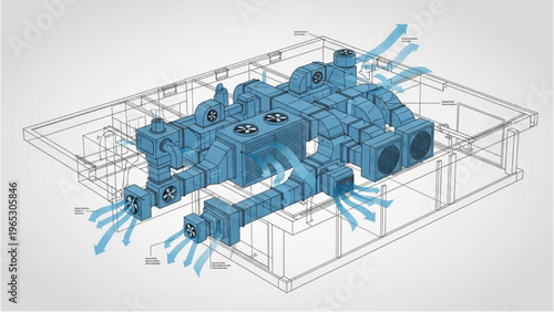 Vector CAD design style illustration of industrial machinery components in a blueprint layout