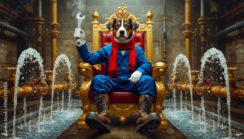 A dog dressed as a plumber sits on a throne