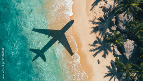 The shadow of a passing plane on the sand on a tropical beach