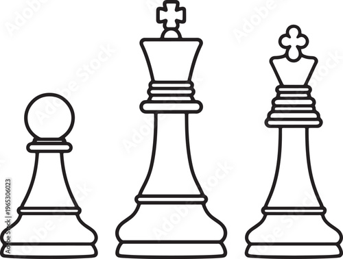 Chess pieces, pawns and kings, black line art icons, vector graphics, strategy game symbols