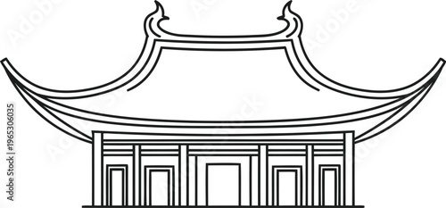 A black and white line art illustration of a traditional pagoda temple with ornate roof eaves