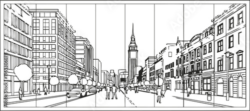 A detailed line art illustration of a bustling city street with tall buildings and a tower.
