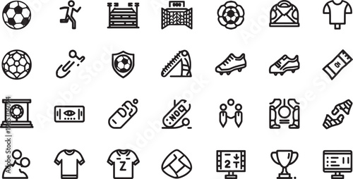Soccer icons, football symbols, sports graphics, 30 black line icons