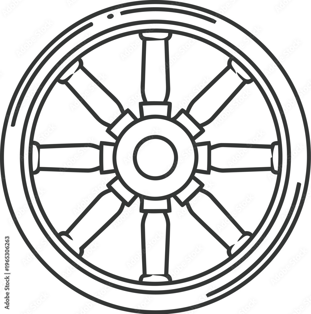 Obraz premium A simple black and white line art illustration depicting a classic circular wooden ship wheel