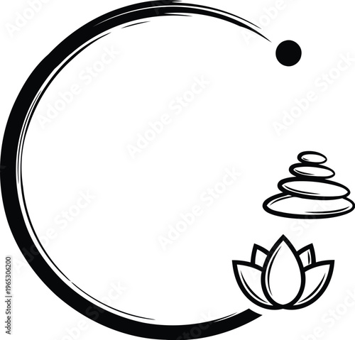 Minimalist zen symbol featuring a brush stroke circle with a stone stack and a lotus flower