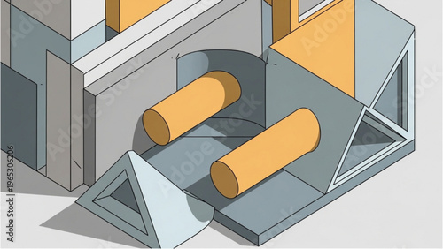 Vector CAD design style illustration of a complex industrial machine with cylindrical components
