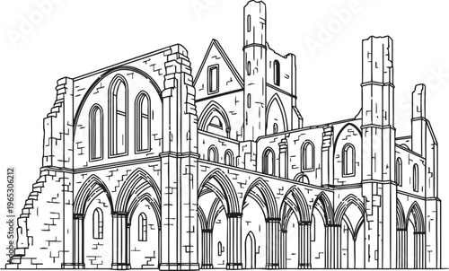 A detailed line art illustration of the gothic ruins of tintern abbey standing in isolation