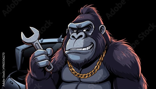 A black gorilla holds a monkey wrench in an auto repair shop, embodies a car repair master