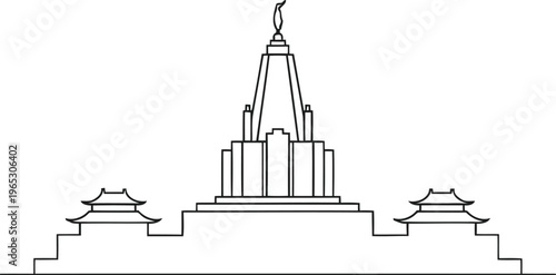 A minimal line art illustration featuring an ornate temple structure with a central tall spire