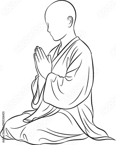 A serene line art drawing of a bald monk sitting in a meditative pose with hands pressed together