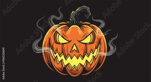 Spooky jack-o'-lantern with glowing eyes and smoke billows
