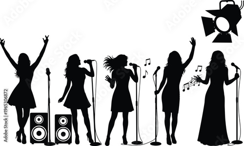 Silhouette illustration of five singers performing with microphones, musical notes, speakers, and spotlight, dynamic concert entertainment, expressive live stage performance design