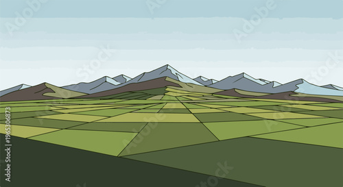 Stylized landscape of green fields and distant mountains under a clear sky