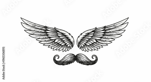 Stylized feathered wings with a prominent handlebar mustache below