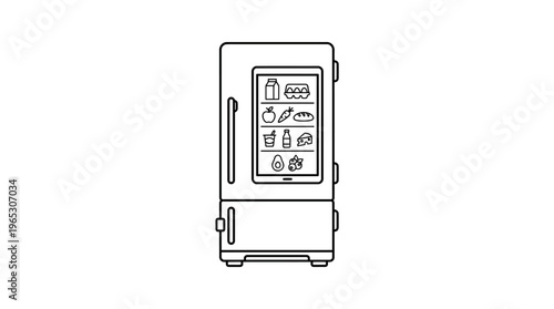 Simple line art icon illustrating a modern smart refrigerator featuring internal food inventory on its digital display screen
