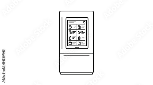 Outline illustration depicting a modern smart refrigerator with an integrated touchscreen displaying inventory management software.