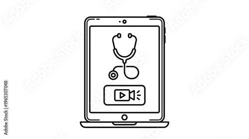 Line art of a tablet displaying a stethoscope and video icon, symbolizing telemedicine, virtual doctor visits, and online healthcare consultations.