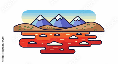 Stylized landscape with three snow-capped mountains and a fiery river