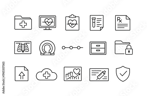 Minimal line medical and healthcare interface icons set showing patient records, heart monitoring, prescriptions, imaging, cloud storage, and security symbols