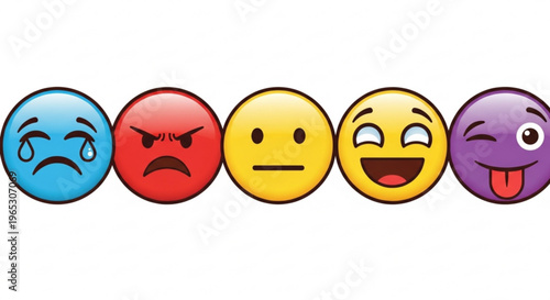 Colorful emoji face icons set, expressive cartoon emoticons with different emotions, 5 vector character avatars for social media and feedback