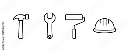 Minimal black construction tool icons showing a hammer, wrench, paint roller, and safety helmet on a dark gradient background with soft shadows